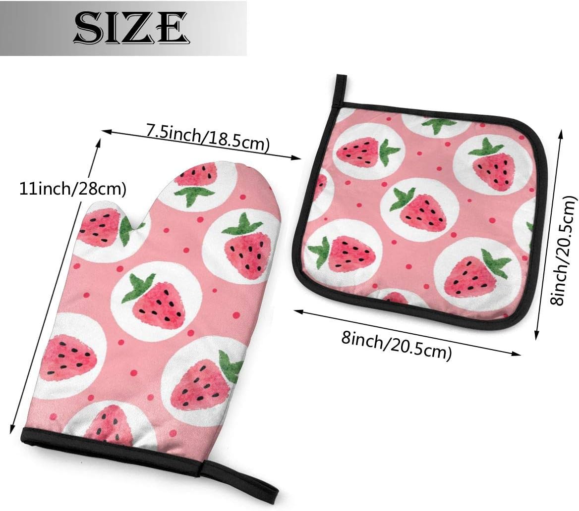 Pink Strawberry Oven Mitts and Pot Holders Sets Heat Resistant Cute Oven Gloves with Non-Slip Surface for Safe BBQ Cooking Baking Grilling Set of 2