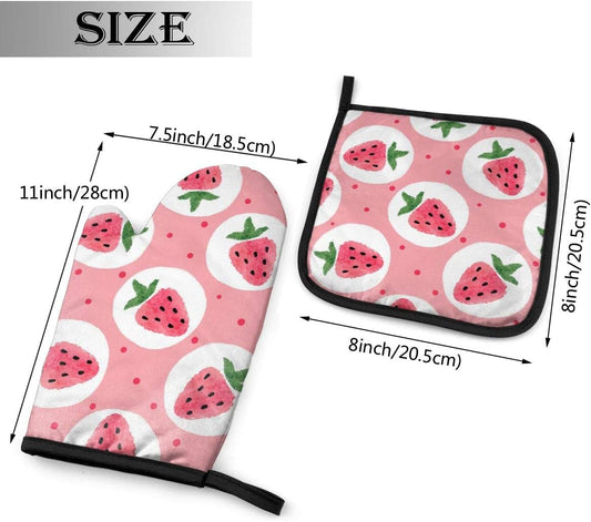 Pink Strawberry Oven Mitts and Pot Holders Sets Heat Resistant Cute Oven Gloves with Non-Slip Surface for Safe BBQ Cooking Baking Grilling Set of 2