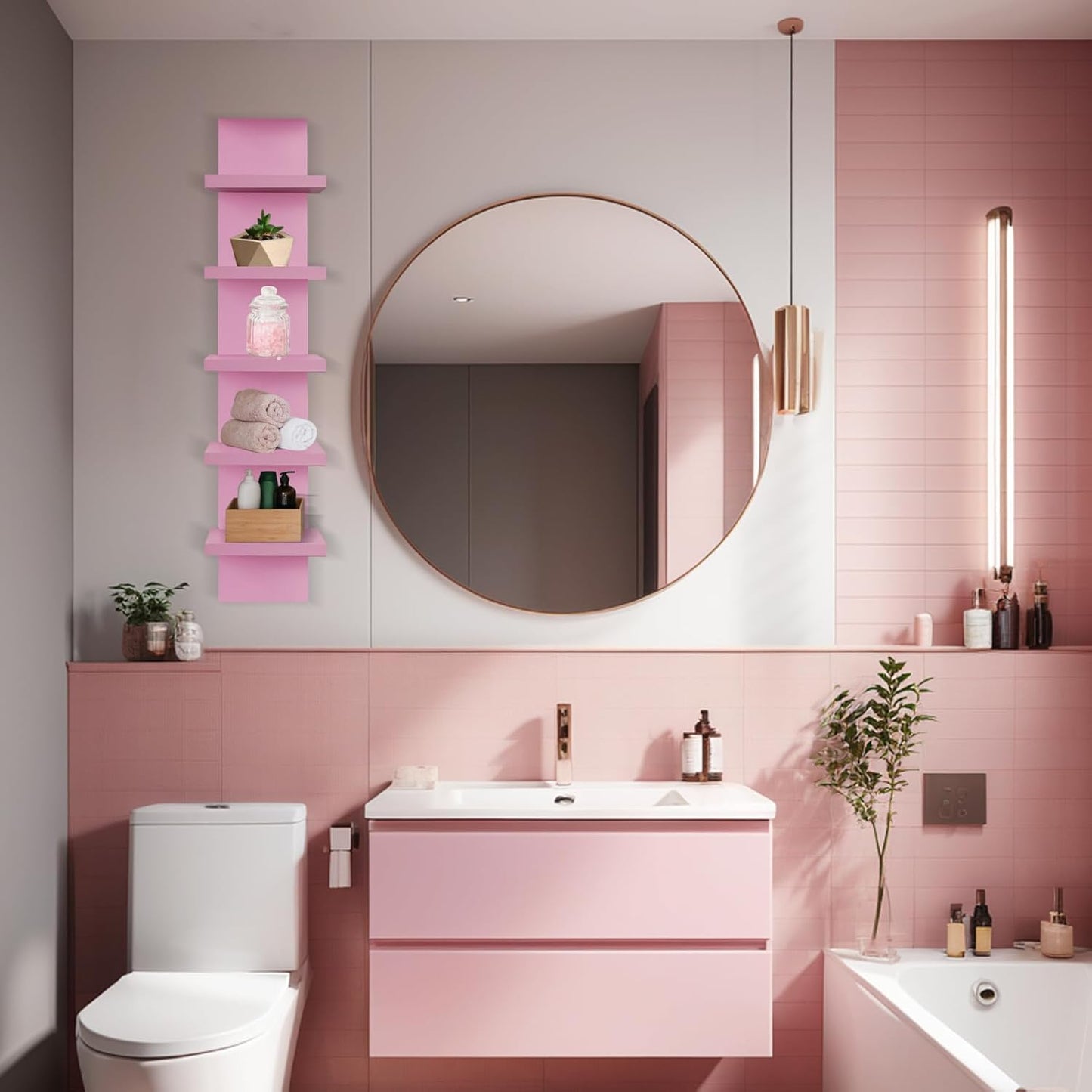 YEXEXINM 5 Tier Wall Shelf Unit - Narrow Smooth Laminate Finish - Vertical Column Wall Decor Mount Floating Storage Home Decor Organizer Tall Tower Utility Shelf for Bedrooms, Living Rooms(Pink)…