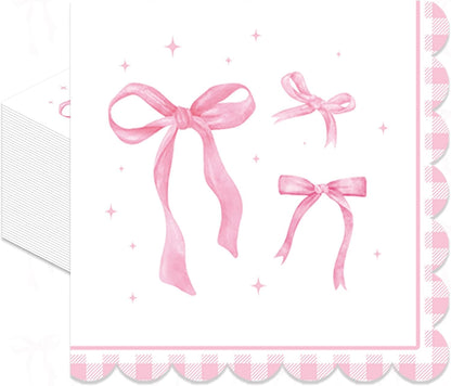 Pack of 50, Pink Ribbon Bow Napkins, Watercolor Bow Design Disposable Paper Napkins for Wedding, Birthday, Bachelorette, Baby Shower, Tea Party, Girls Coquette-Style Supplies, 13x13 Inches Unfolded