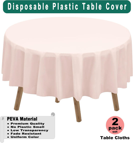 Blush Pink Plastic Tablecloths 2 Pack Light Peach Disposable Table Covers 84 Inch Circle Bridal Shower Party Tablecovers PEVA Table Cloths for Picnic Birthday Wedding Parties 6 ft Round Table Use