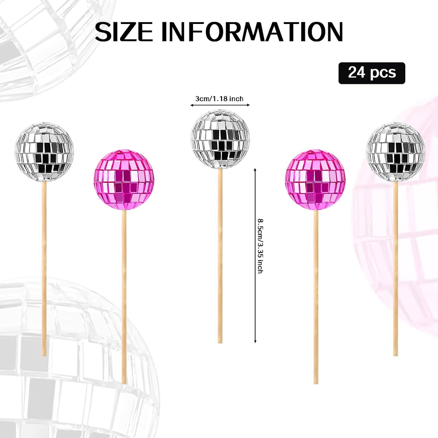 JOERSH 24pcs Disco Ball Cupcake Toppers - 1970s Disco Ball Picks Disco Theme Cake Decorations for Disco Theme Party 70s Disco Party Favor (Pink, Silver)