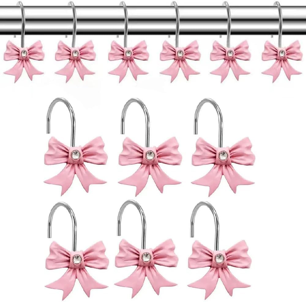 Decorative Shower Curtain Hooks 12PCS Pink Bow Knot Bathroom Shower Hooks Resin Decorative Curtain Hooks Curtain Rings for Bathroom Room Nursery Art Decors