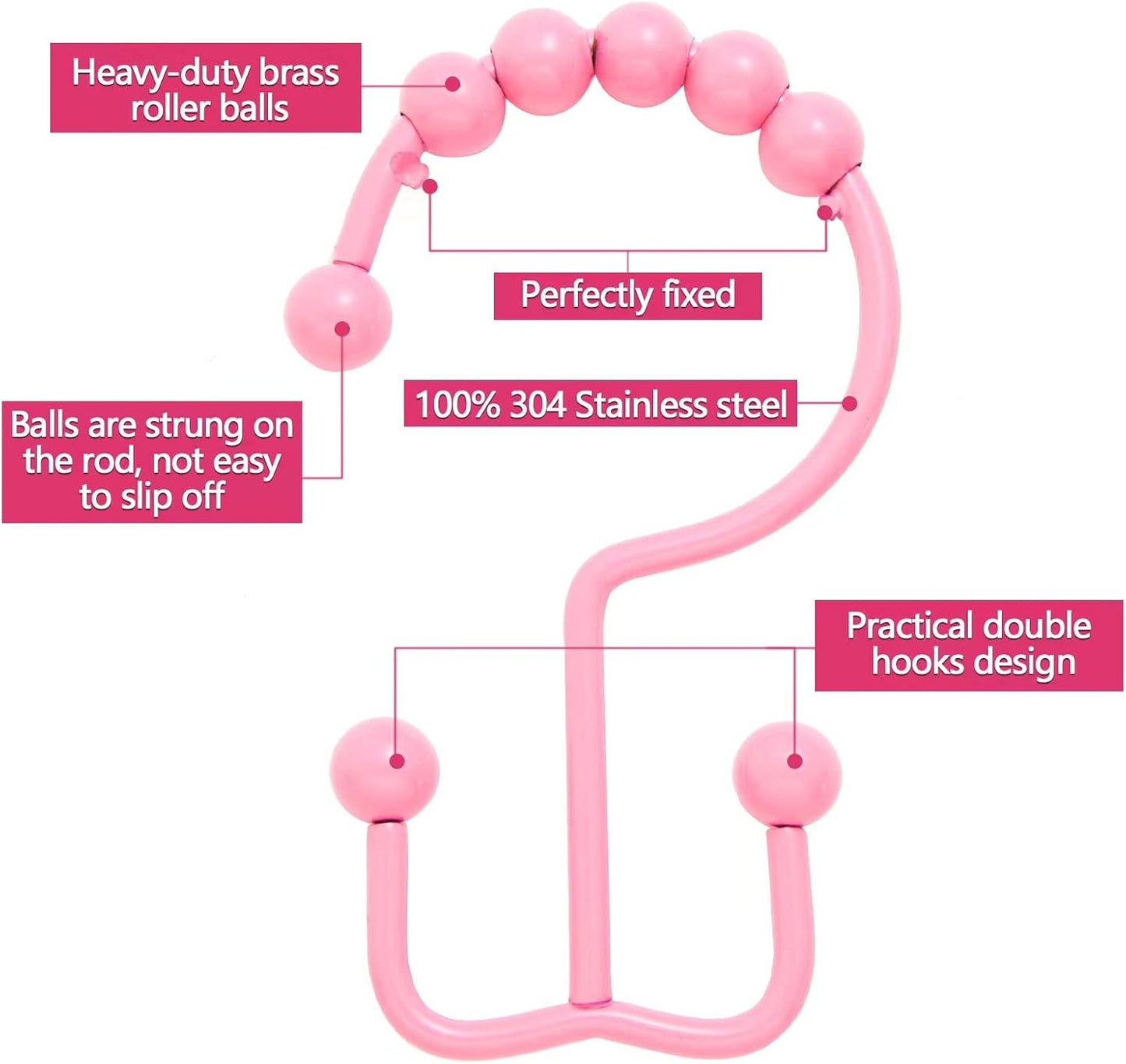 Shower Curtain Hooks,304 Stainless Steel Shower Rings for Bathroom,Double Glide Shower Hooks for Bathroom Shower Curtain Rods Curtains,Set of 12 Hooks,Light Pink（Shower Curtain Hooks Style A ）