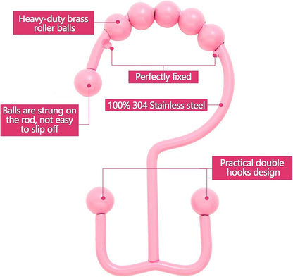 Shower Curtain Hooks,304 Stainless Steel Shower Rings for Bathroom,Double Glide Shower Hooks for Bathroom Shower Curtain Rods Curtains,Set of 12 Hooks,Light Pink（Shower Curtain Hooks Style A ）
