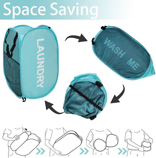 Collapsible Laundry Hamper 2 pack Mesh Pop Up Laundry Hamper with Handles, Foldable Laundry Basket for Bedroom, College Dorm, RV, Travel (Pink + Sky Blue)