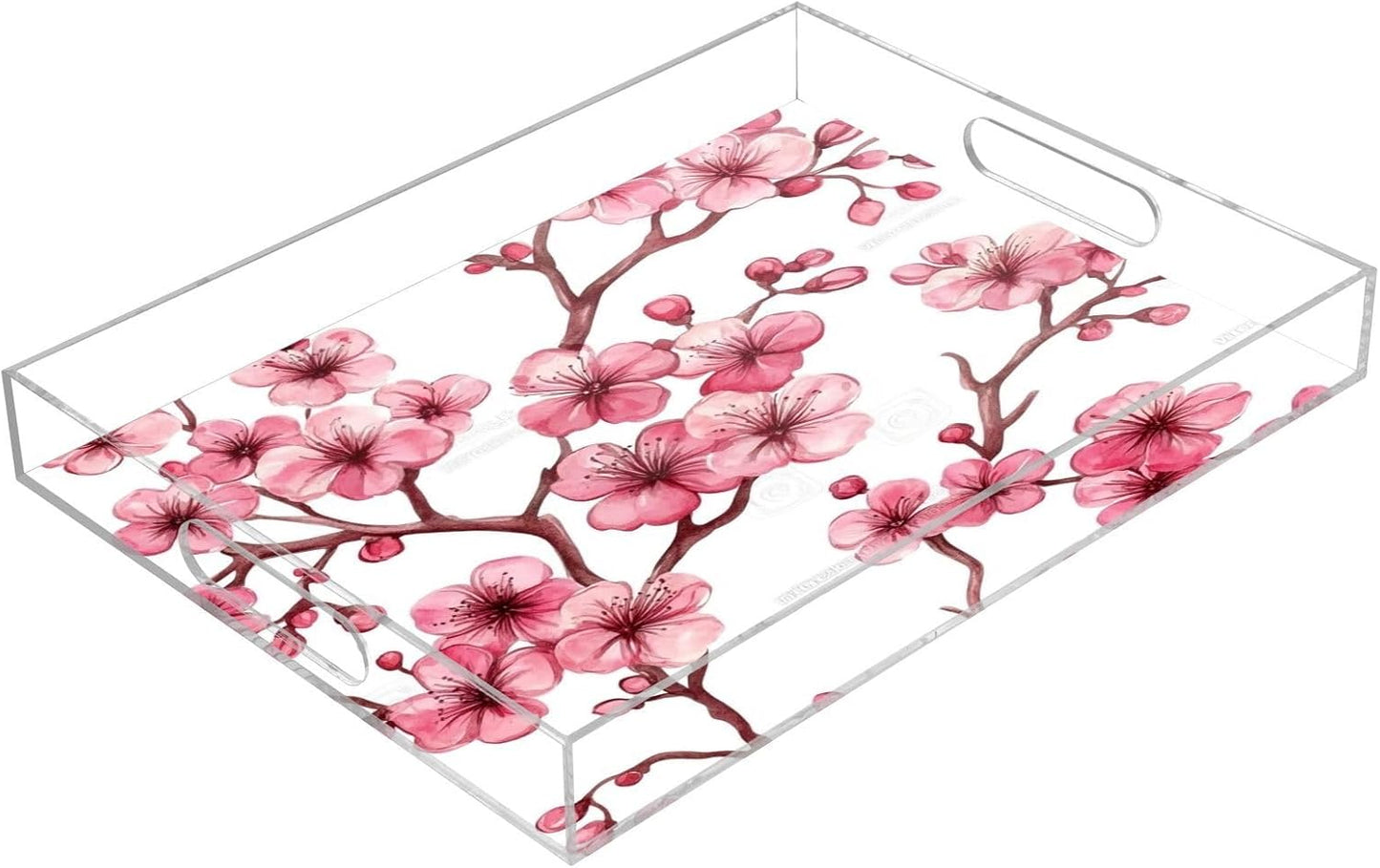 Pink Peach Flowers Acrylic Serving Tray with Handles,Clear Serving Tray Decorative Organiser for Ottoman, Kitchen, Bedroom Decorative 12x16 Inches