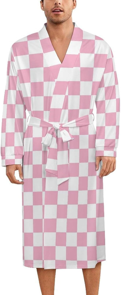 Sleepwear Robe for Women Men - Pink Pastel Checkered Print Lightweight Kimono Bathrobe with Tie Belt