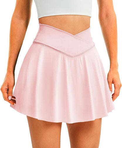 DLOODA Womens Tennis Skirt with Pockets Shorts Crossover High Waisted Athletic Skorts Skirts for Golf Running Workout