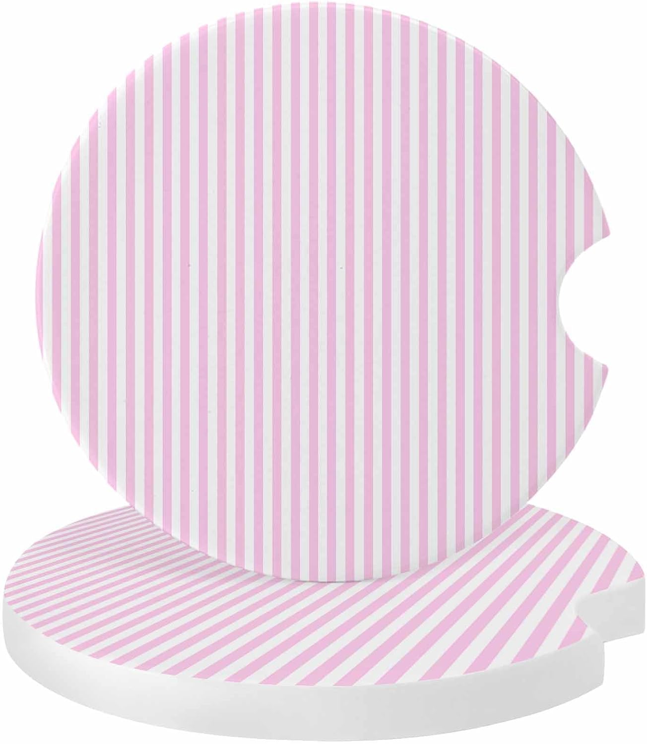 Simple White Striped Car Coaster, Pink Stripes Modern Style Absorbent Ceramic Coasters for Car, 2 Pcs Coasters for Auto Cupholder Accessories Keep Vehicle Clean 2.56inch