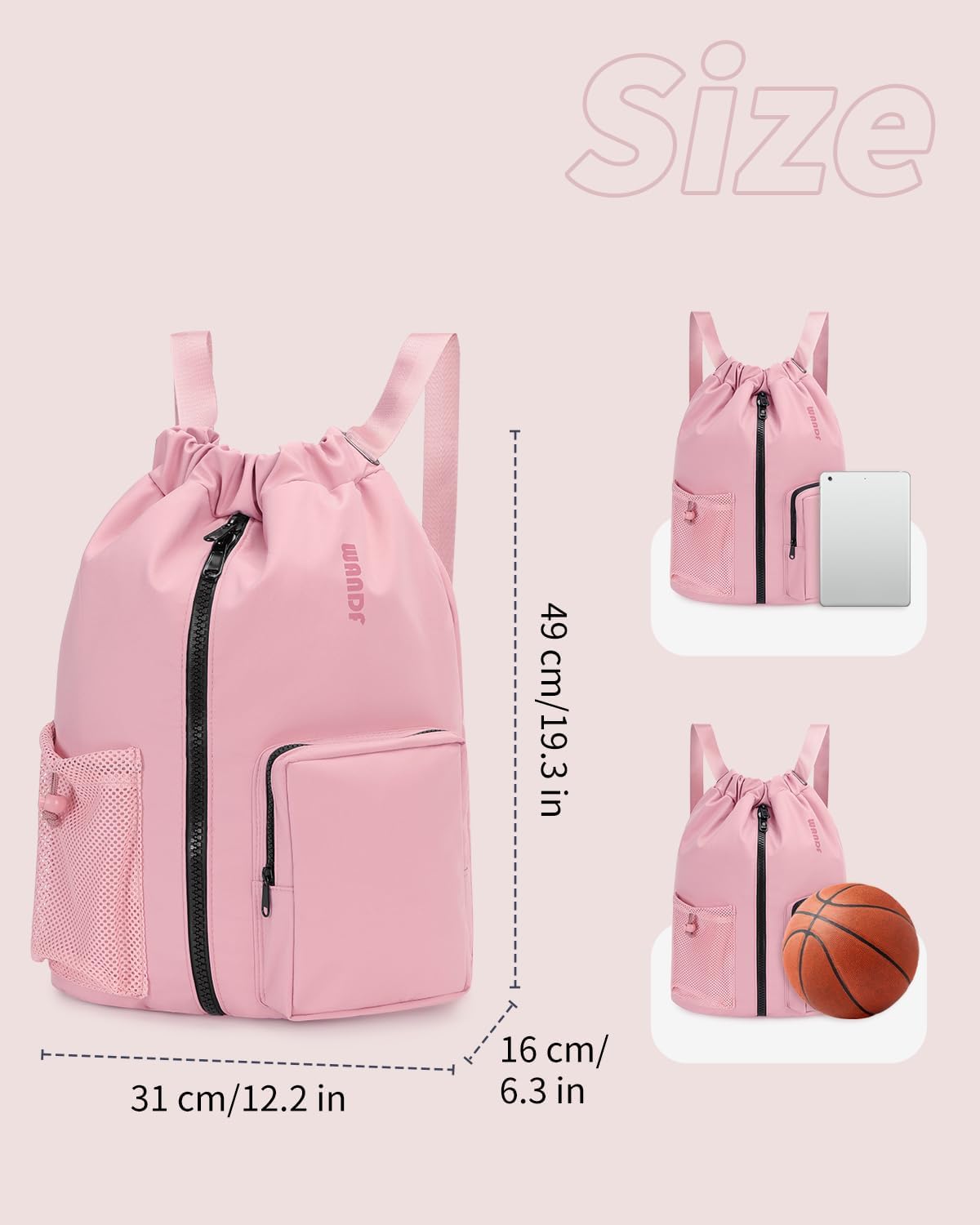 WANDF Drawstring Backpack Sports Gym Bag with Shoes Compartment, Water-Resistant String Beach Sackpack Swim Bag for Women and Men (Pink) | with Shoes Compartment