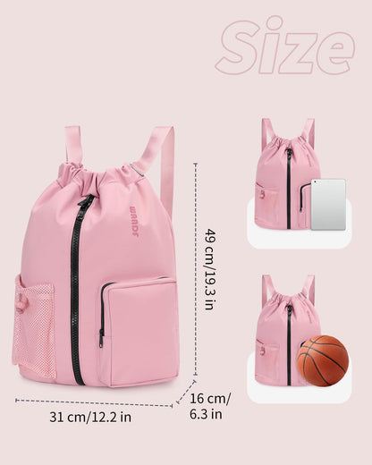WANDF Drawstring Backpack Sports Gym Bag with Shoes Compartment, Water-Resistant String Beach Sackpack Swim Bag for Women and Men (Pink) | with Shoes Compartment