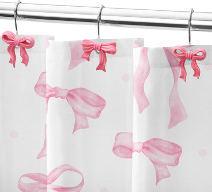 Litabel 12PCS Cute Bow Shower Curtain Hooks, Pink Bowknot Decorative Shower Curtain Rings, Metal Rustproof Resin Curtain Hooks Shower Rings for Girls Baby Bathroom Art Decoration Accessories