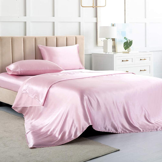 Satin Bed Sheets California King Size Sheets Set, Pink Silk Sheets, 4 - Pieces Soft Bedding Set with 1 Deep Pocket Fitted Sheet,1 Flat Sheet,2 Pillowcase