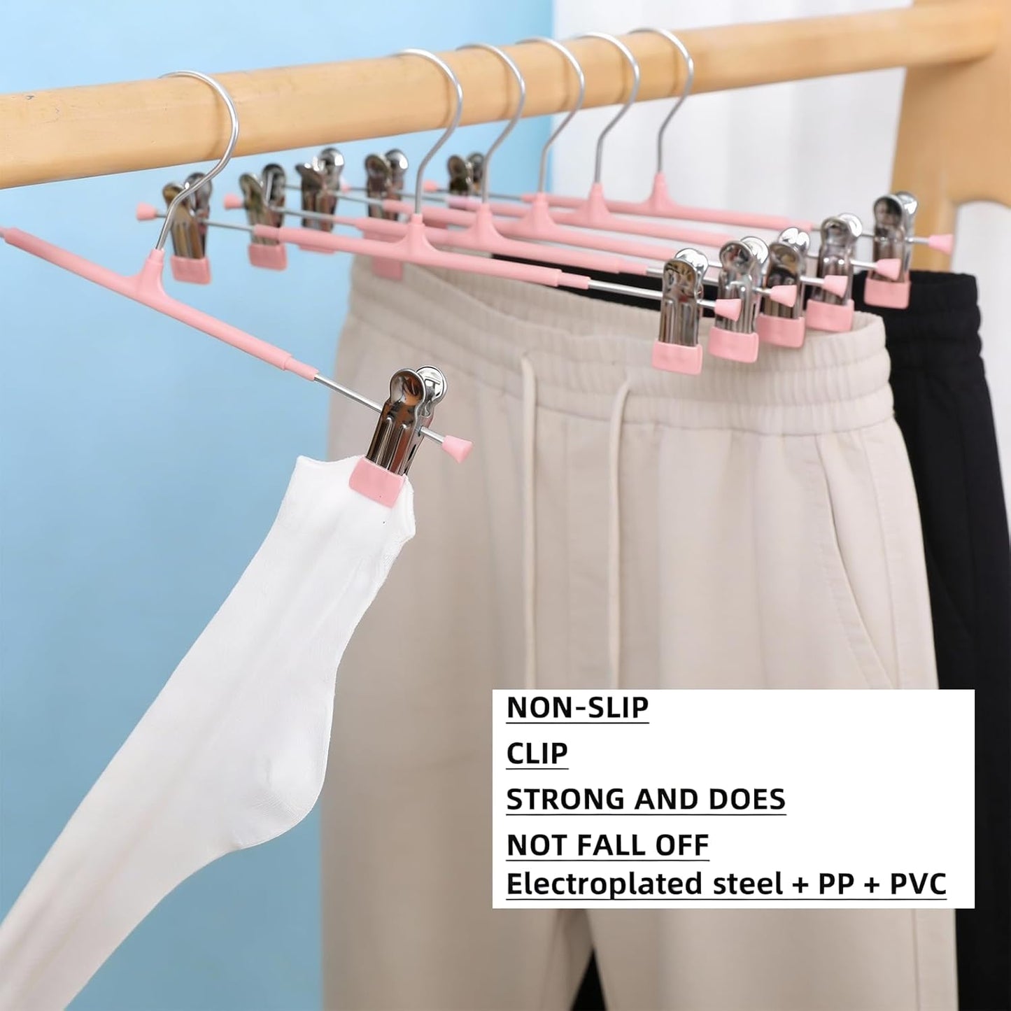 30Pcs Pants Hangers with Clips, Adjustable Skirt Hangers, Non-Slip Trousers Hanger, 360 ° Swivel Space Saving Hooks, Clothes Clips for Pants, Skirts, Clothes, Jeans (Pink)