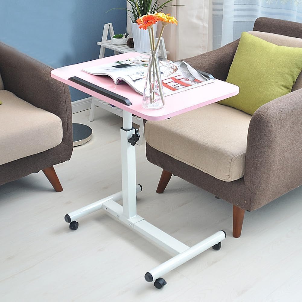 Pink Standing Desk Rolling Adjustable Angle & Height Laptop Desk with Wheels Small Computer Cart Over Bed Table Mobile Laptop Table for Home Office