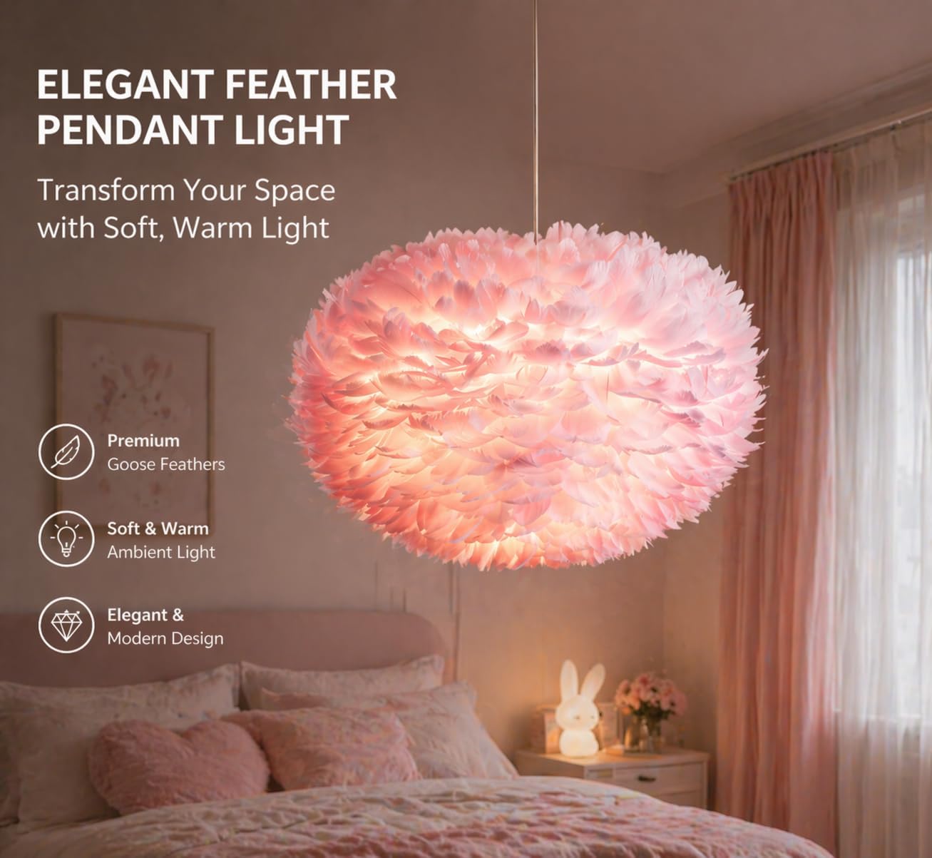 Maxax Pink Feather Chandeliers for Girls Room, 3 Lights Modern Romantic Ceiling Haning Lamp, Nordic Creative Art Feather Shade Chandelier, for Bedroom, Living Room, Dining Room, 17.7 inch