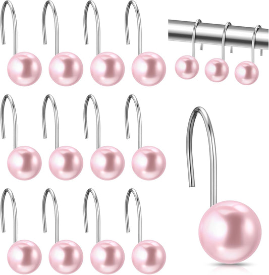 Threehoney 12 Pcs Cute Shower Curtain Hooks Shower Curtain Rings Artifical Pearl Decorative Vintage Rustproof Hooks for Bathroom Country Farmhouse Decor (Pink)