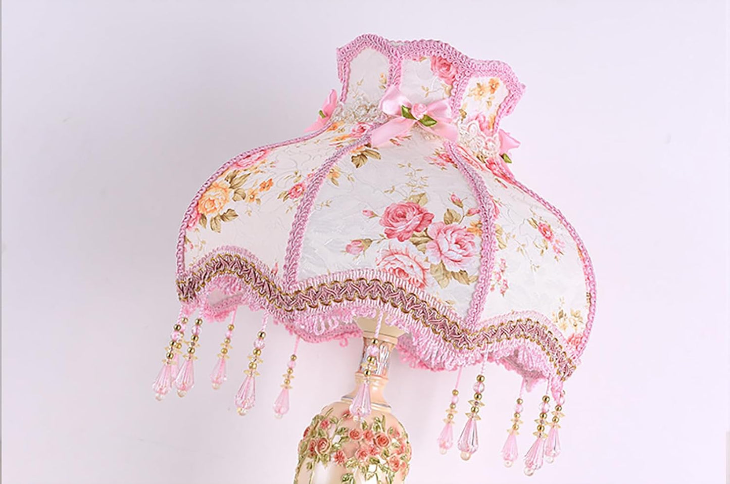 Victorian Pink Table Lamp - Lace Fabric Shade & Beaded Accent, Elegant Bedside Nightstand Light for Bedroom, Living Room, Girls' Room Decor