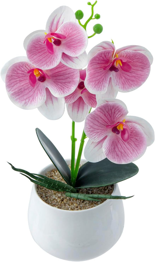 MyGift Faux Pink Orchid Arrangement in White Ceramic Pot – Realistic Artificial Orchid Flowers for Home, Office, or Tabletop Decor