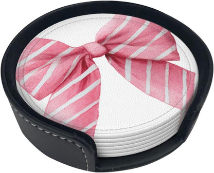 Light Pink Watercolor Bow with White Stripes Premium Leather Coasters, Set of 6 with Holder, Stylish Beverage Coasters for Kitchen Coffee Bar