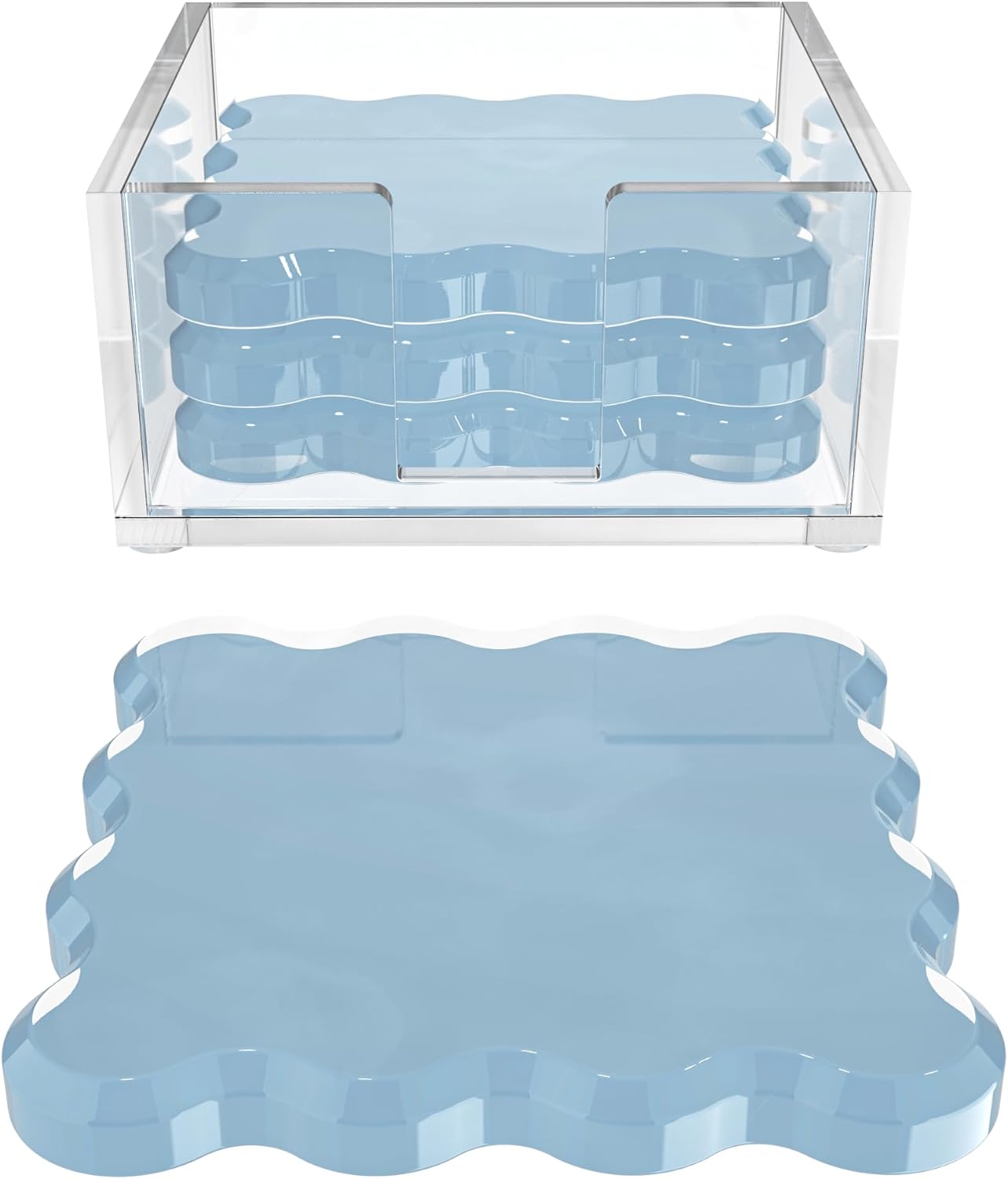 GRAHAM DESIGN Square Scalloped Acrylic Drink Coaster Set 4‑Pack with Square Holder (Light Blue)