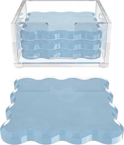 GRAHAM DESIGN Square Scalloped Acrylic Drink Coaster Set 4‑Pack with Square Holder (Light Blue)