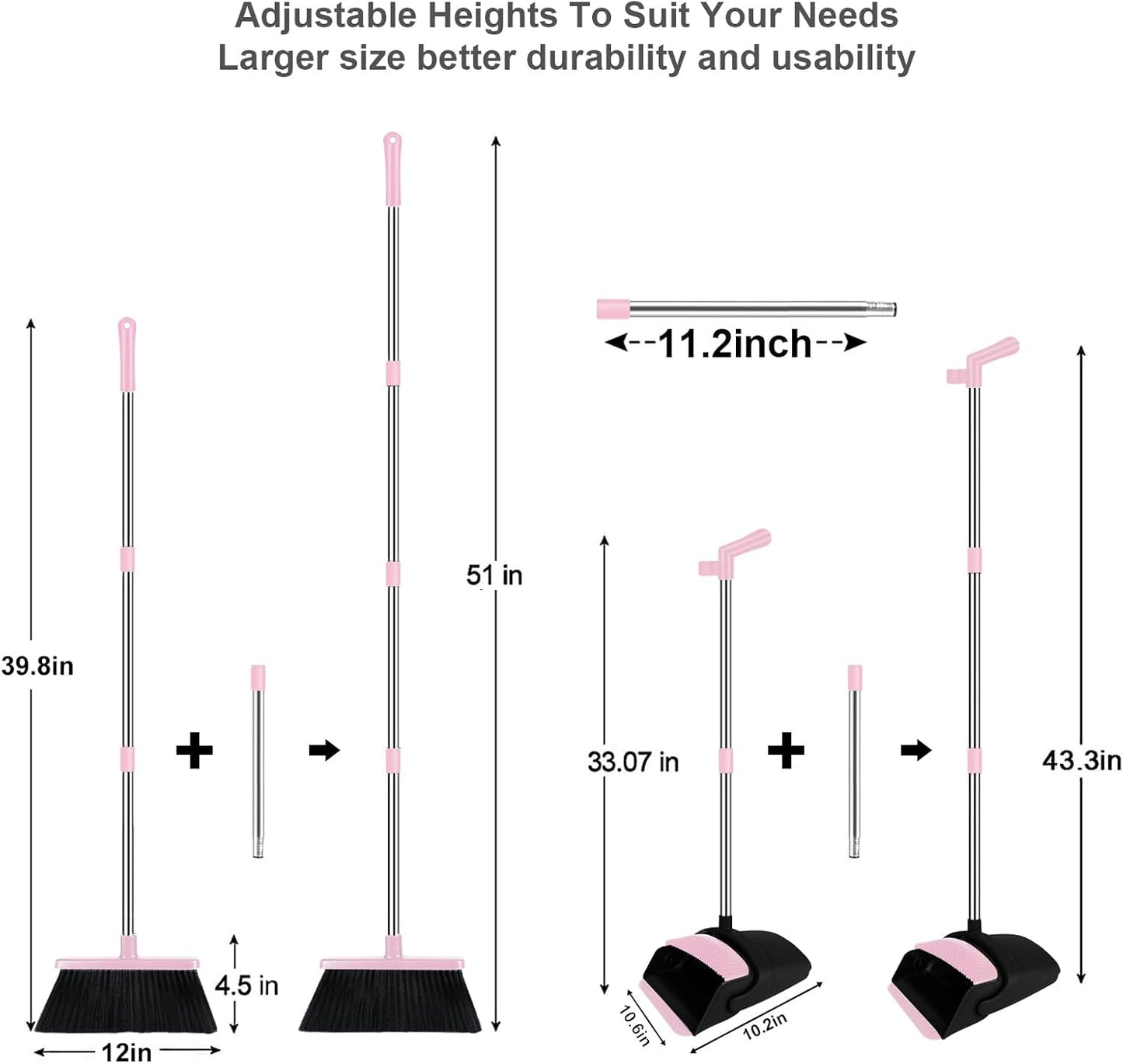 Pink Broom with Dustpan Combo Set, 51" Long Handle Household Cleaning Tool, Ideal Broom and Dustpan Set for Pet Hair and Home Use