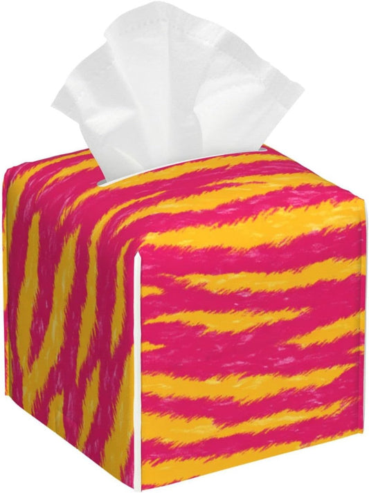 Neon Pink and Yellow Tiger Stripe Pattern Tissue Box Cover Square Pu Leather Waterproof Tissue Box Holder for Car Bathroom Bedroom Office Tabletop Decor