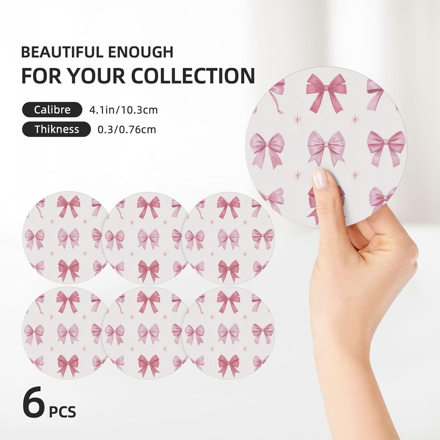 Nine Light Pink Bows Ceramic Coasters with Holder Set of 6 Coffee Cup Drink Coasters