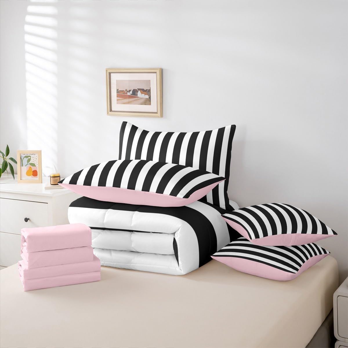 Erosebridal Black and White Striped Queen Comforter Set | Striped Bed in a Bag with Flat and Fitted Sheet Pink and Black 7-Piece Bedding Set for Kids Teens Adults Cute Pinstripe Girls Quilt Duvet Sets