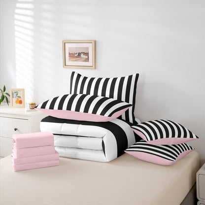 Erosebridal Black and White Striped Queen Comforter Set | Striped Bed in a Bag with Flat and Fitted Sheet Pink and Black 7-Piece Bedding Set for Kids Teens Adults Cute Pinstripe Girls Quilt Duvet Sets