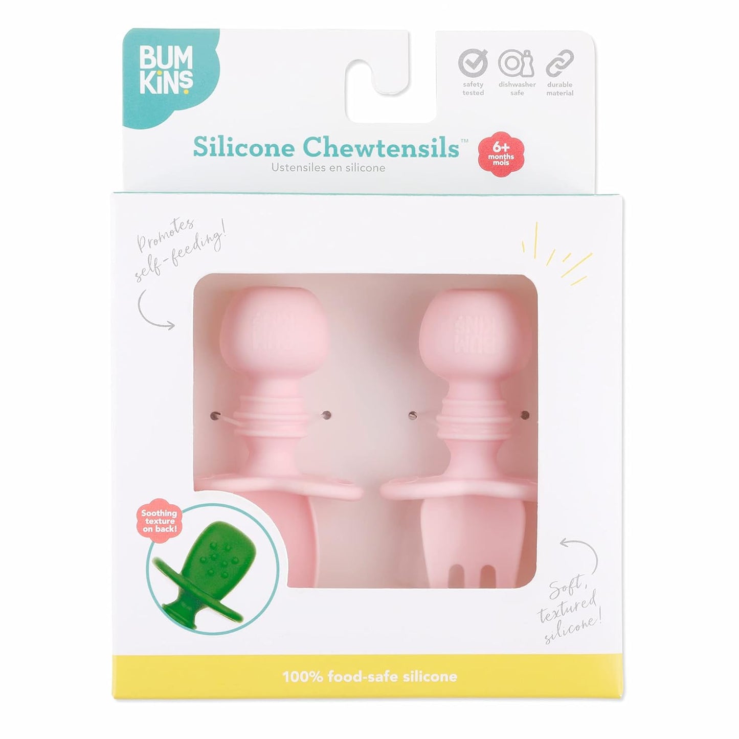 Bumkins Baby Utensils Set, Chewtensils Silicone Spoons for Dipping, Self-Feeding, Baby Led Weaning, Trainer Learning, First Stage Eating, Soft Practice Fork and Spoon, Babies 6 Months, Pink