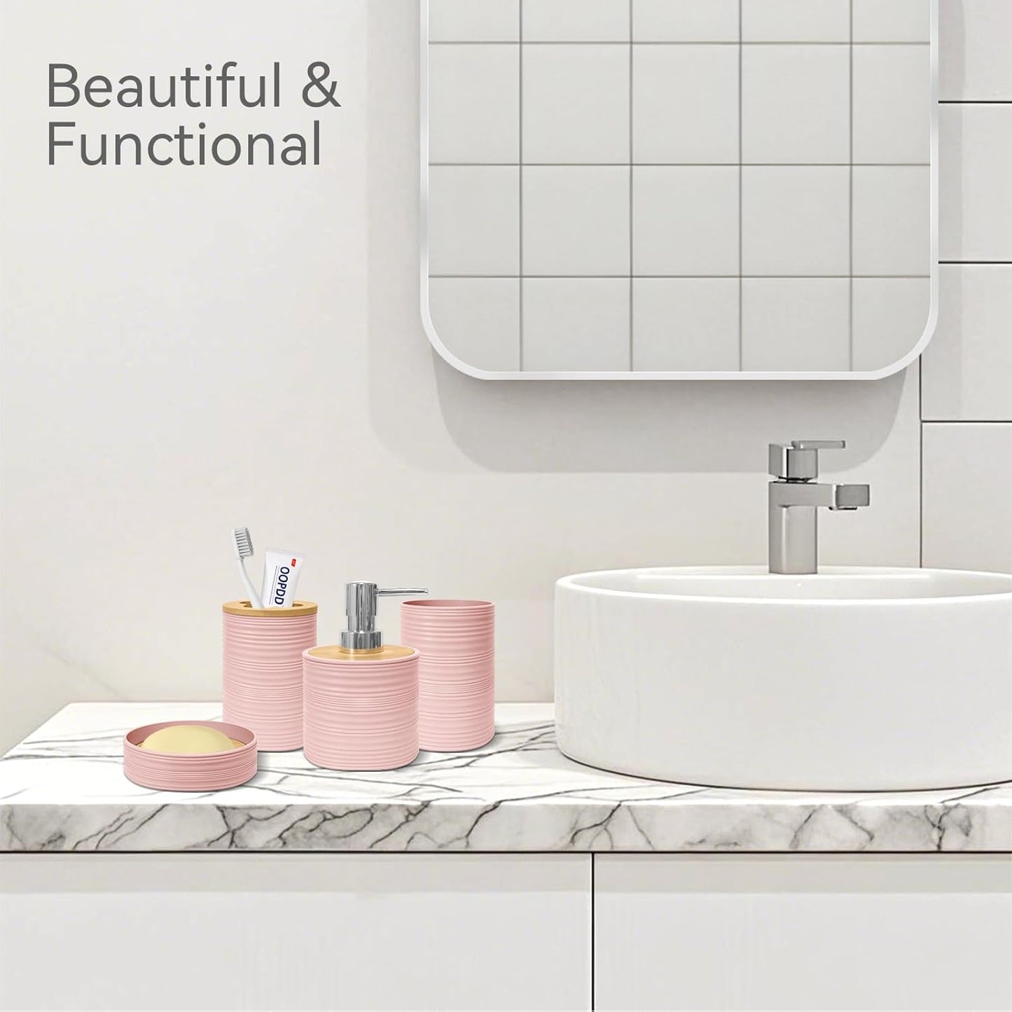Bathroom Accessories Set 4 PCS, Bamboo Bathroom Accessory Set Includes Soap Dish, Soap Dispenser, Toothbrush Holder, Toothbrush Cup, Bathroom Sets Accessories, Boho Bathroom Decor(Light Pink)