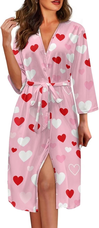 Womens Robe 3/4 Sleeves Bathrobe Lightweight Soft kimono Robes Casual Loungewear with Attached belt S-2XL