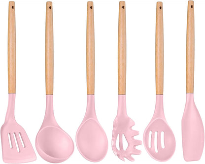 P&P CHEF Cooking Utensils Set, 6 PCS Kitchen Utensils with Wooden Handle, Silicone Spatula for Nonstick Cookware, Easy Clean & Non-toxic, Pink