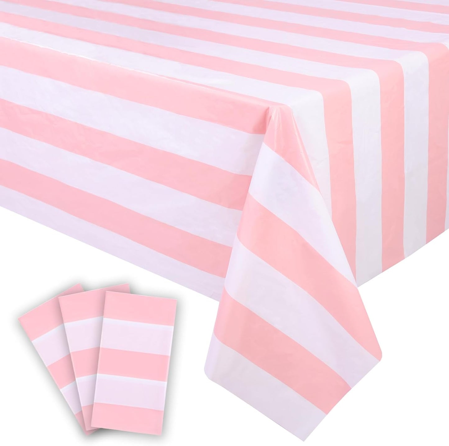 Kesfey 3 Packs Pink and White Vertical Striped Tablecloth 54 x 108 Inch Pink Stripe Table Cloths Disposable Plastic Stripe Table Covers Waterproof Pink Striped Picnic Table Cover for Birthday Party