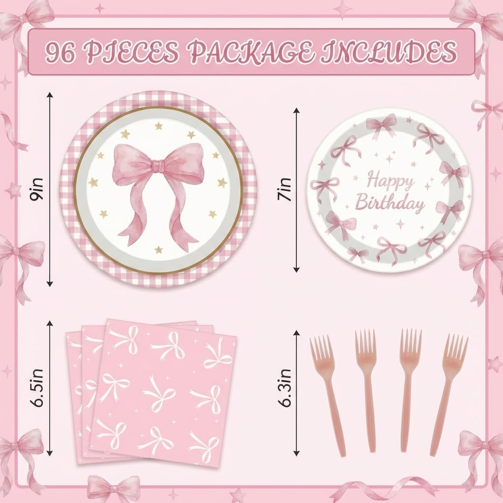 ArtSocket 96 Pcs Pink Bow Party Decorations Tableware Set, Coquette Disposable Dessert Plates Napkins Forks for Table Decorations Favors for Kids Girls Baby Shower Birthday Party Serve 24 Guests