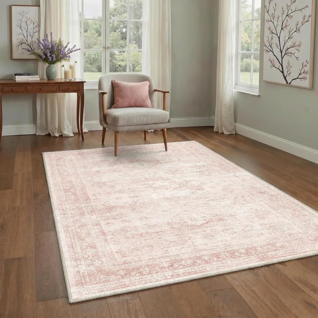 GENIMO 6x9 Area Rugs for Living Room, Machine Washable Non Slip Vintage Rugs, Low Pile Lightweight Chenille Print Rug for Bedroom, Dining Room, Home Office, Pink