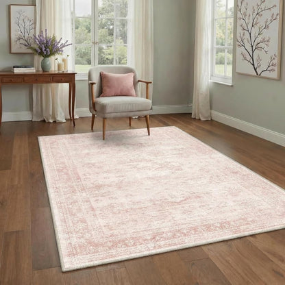 GENIMO 6x9 Area Rugs for Living Room, Machine Washable Non Slip Vintage Rugs, Low Pile Lightweight Chenille Print Rug for Bedroom, Dining Room, Home Office, Pink