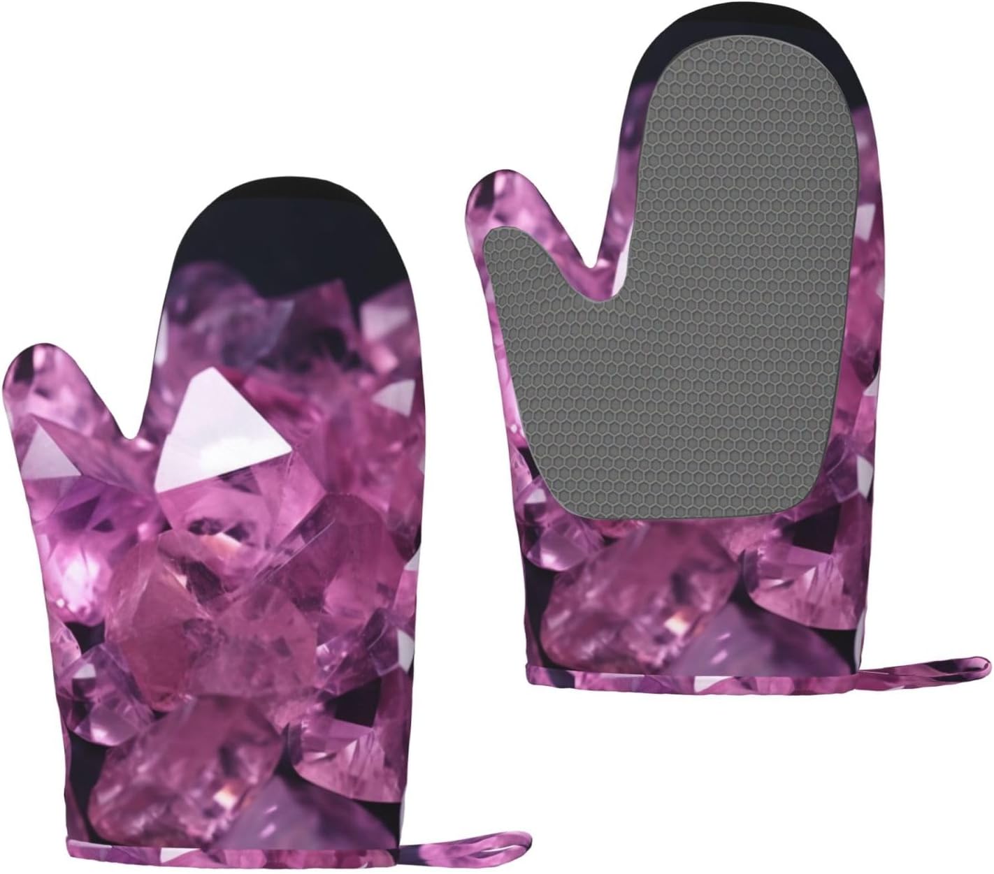 Pink Crystal Diamond Print Oven Mitts Set of 2, Heat Resistant Silicone Oven Mittens Gloves with Hang Loop for Cooking Baking Grilling BBQ Kitchen Accessories