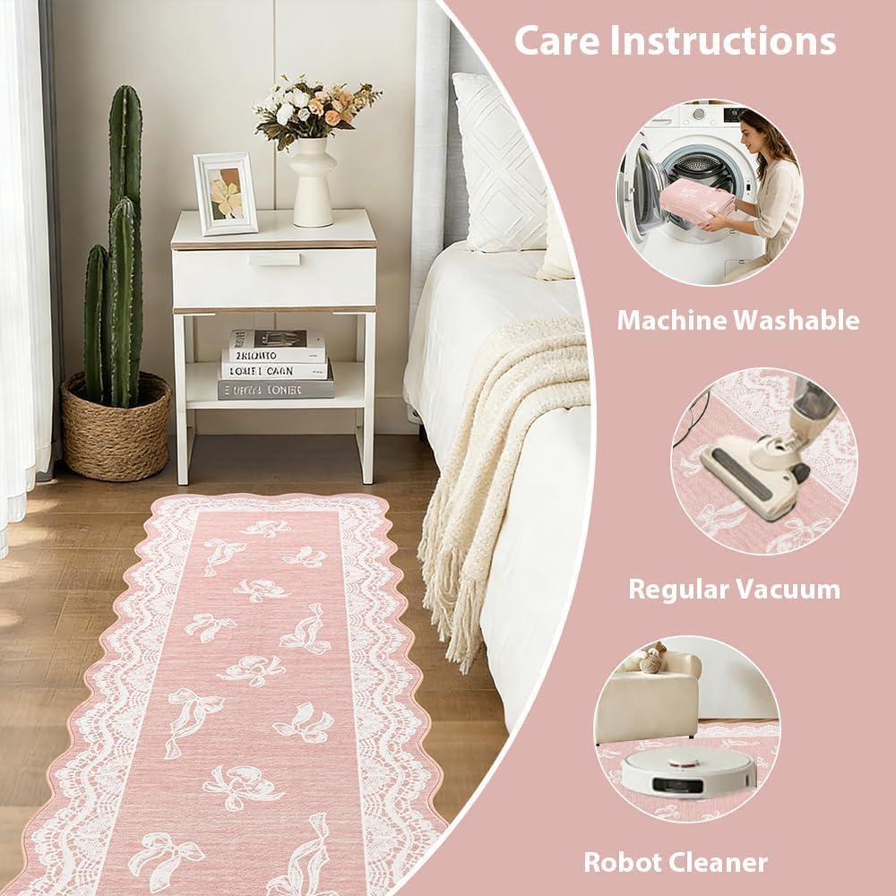 ORTIGIA Pink Scalloped Runner Rug 2x6, Washable Low Pile Non Slip Bathroom Rug with Bow for Hallway Bath Kitchen Bedroom Dorm Living Room Home Indoor Decor