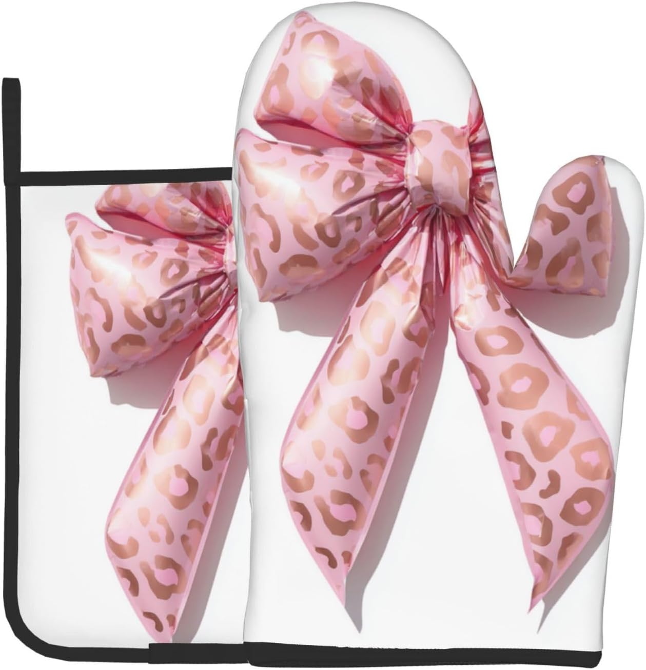 Light Pink Bow Balloon Leopard Print Oven Mitts and Pot Holders Sets,Heat Resistant Potholder Kitchen Decor for Cooking Baking BBQ, Oven Glove Set