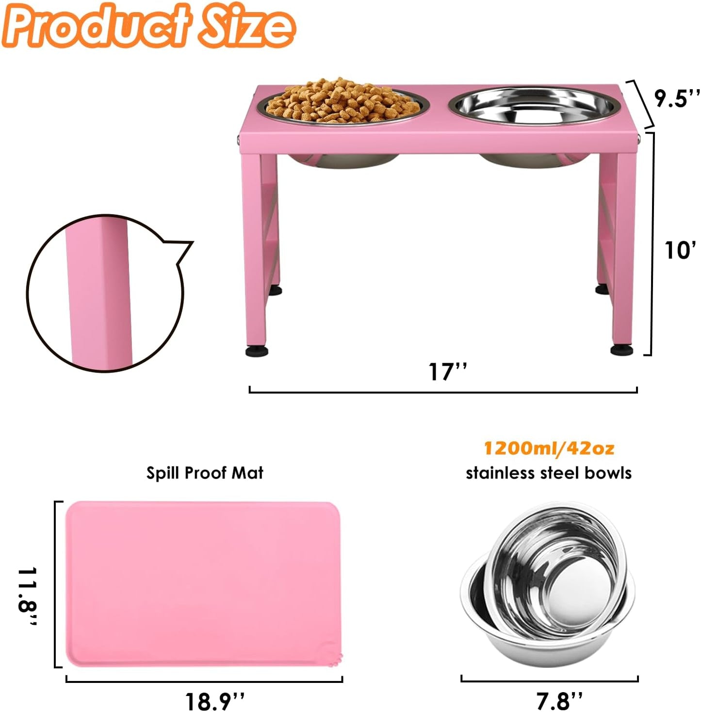 ADENGL Pink Metal Raised Dog Bowl Stand for Large Dogs, Stronger Elevated Dogs Bowls with Sprill Proof Mat, Food & Water Bowl 10in Tall Feeder (42OZ-Stainless Steel Dog Bowls, Mat-12x19 in)