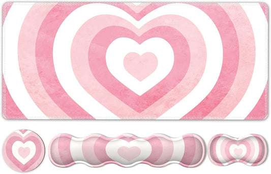 iLeadon Keyboard Mouse Pad Set, Large Gaming Mouse Pad + Keyboard Wrist Rest + Mouse Pad with Wrist Support + Coaster, Easy Typing Pain Relief, Desk Mat Set, Valentines Day present for Her, Pink Heart