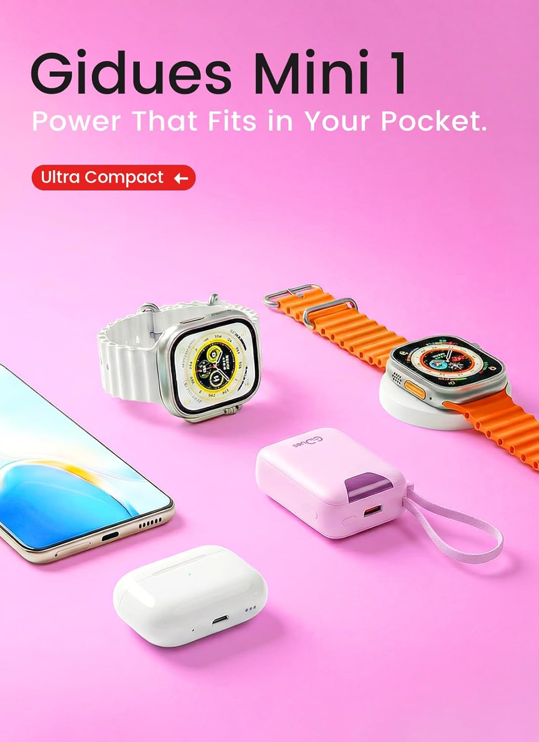 M1 Mini Portable Charger, 10000mAh Ultra-Compact Power Bank, 22.5W PD Fast Charging, Tpye-C Built-in Cable, Small External Battery Pack for iPhone, Samsung, Android iPad (Pink)