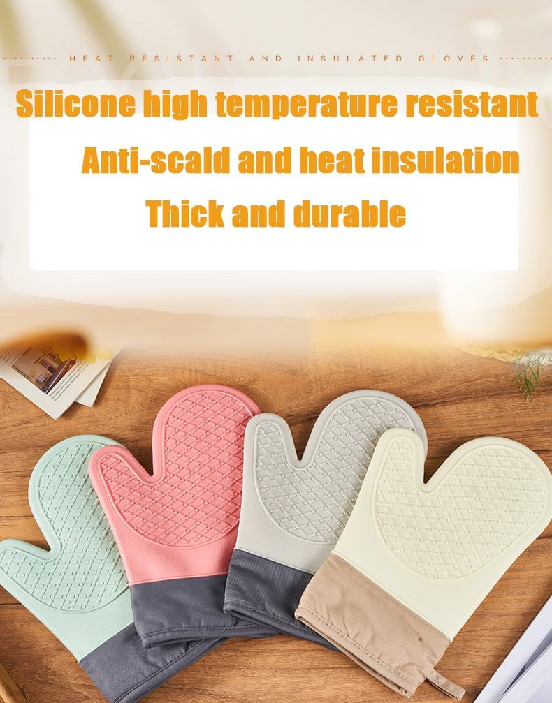 Heat Resistant Silicone Oven Mitts, 500°F Non-Slip Mitts for Cooking, Baking and Grilling, Extra Thick Kitchen Mitts with Grippy Texture (One) (Pink)