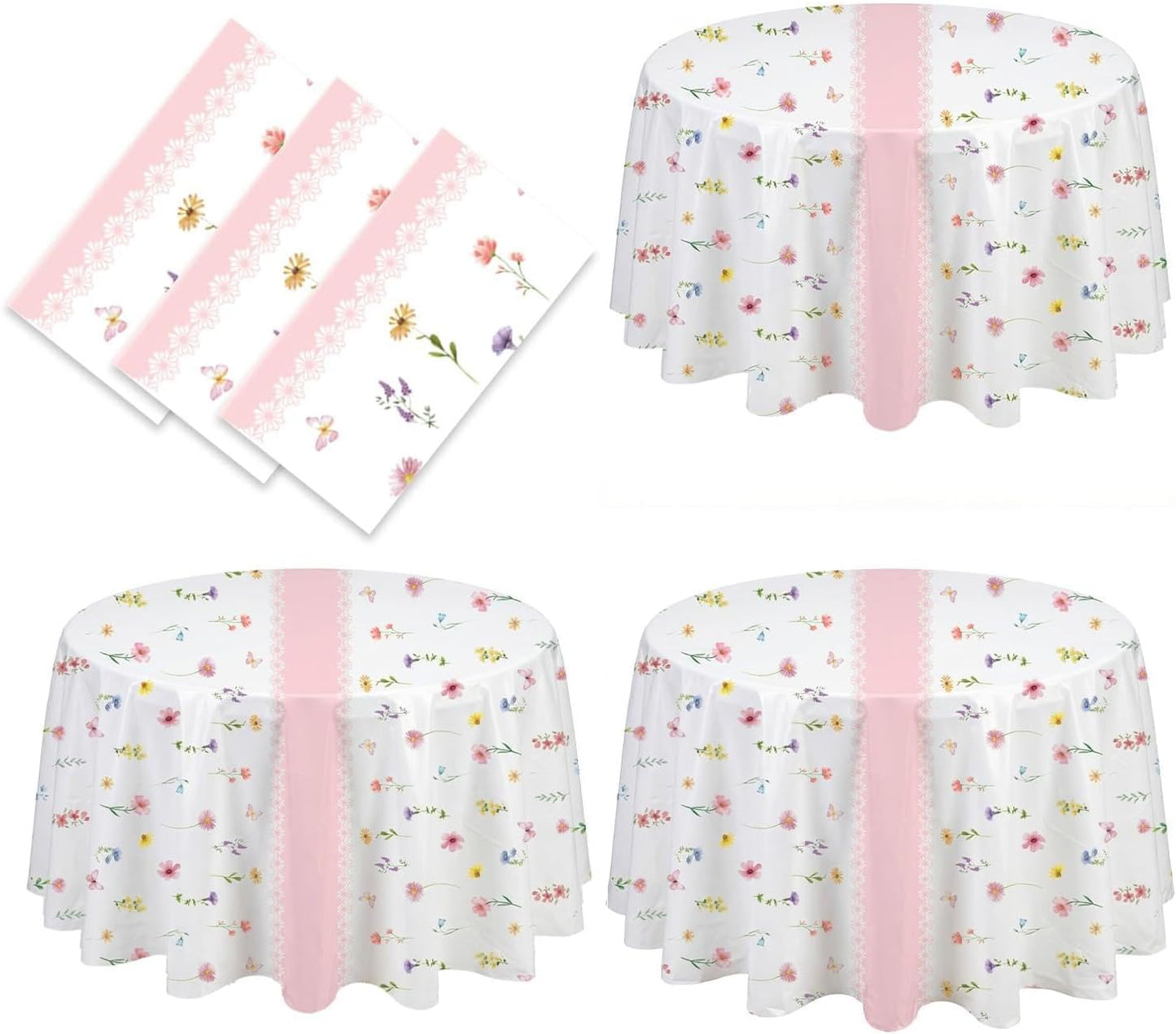 SpinLaLa 3-Piece 84 x 84 Inch Spring Floral Plastic Tablecloth – Round Disposable Flower Table Covers with Pink Stripe and Wildflower Designs for Spring Parties, Easter, Bridal Showers Celebrations