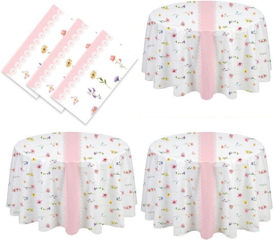 SpinLaLa 3-Piece 84 x 84 Inch Spring Floral Plastic Tablecloth – Round Disposable Flower Table Covers with Pink Stripe and Wildflower Designs for Spring Parties, Easter, Bridal Showers Celebrations