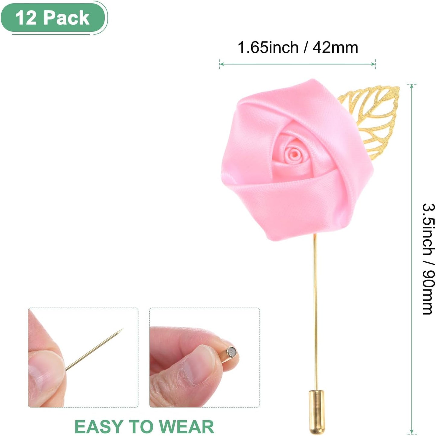 M METERXITY 12-Pack Flower Lapel Pins for Men, Golden Leaf Rose Boutonnieres Pin for Wedding/Dance/Party, Mens Lapel Pins for Suits Satin Flower Corsage Hat Pins [Pink]